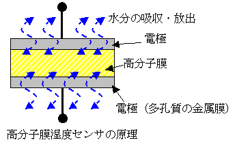 温湿度センサの原理　水分の吸収・放出　電極　高分子　膜　多孔質